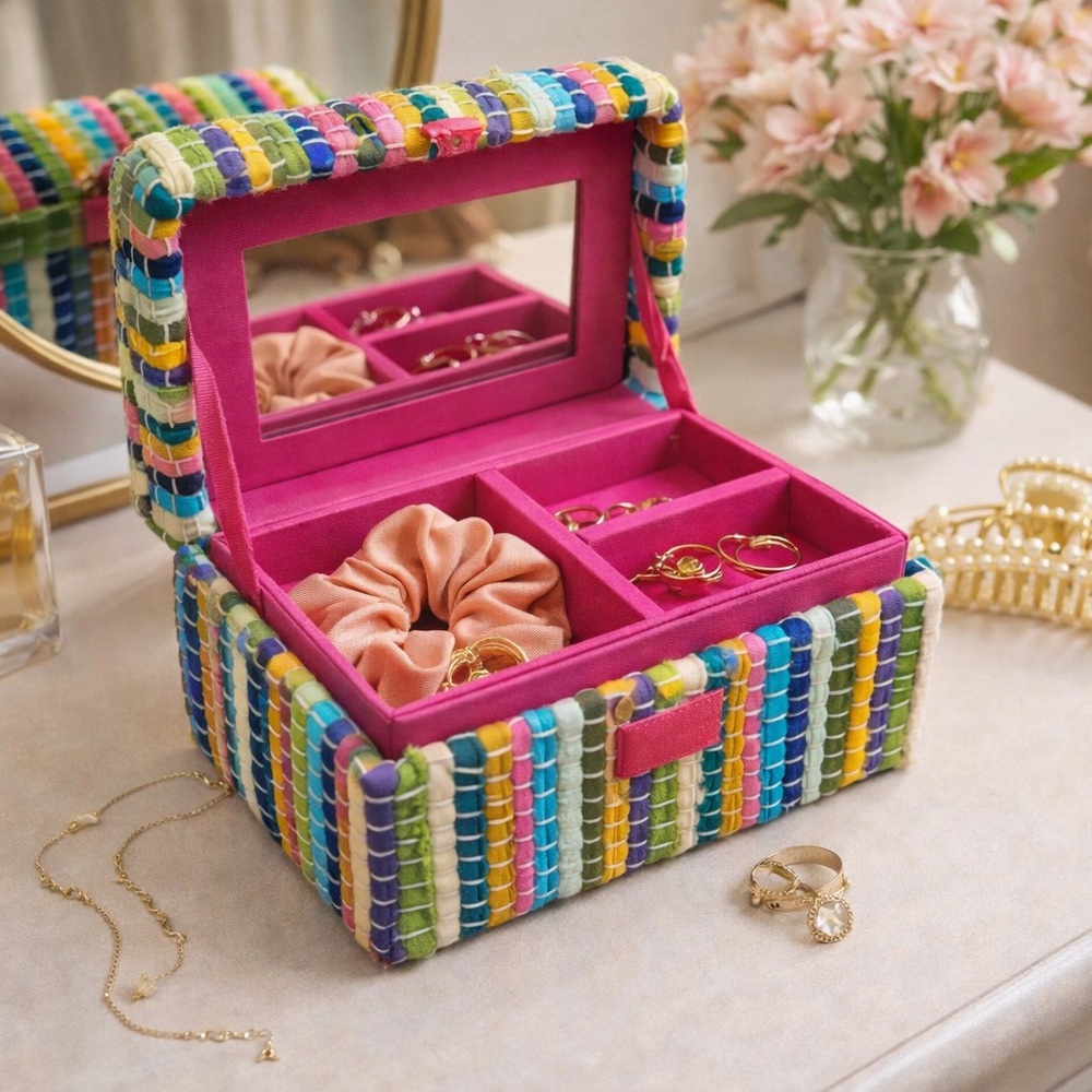 Boho Jewelry Box with‎ Mirror Colorful Woven Organizer Pink